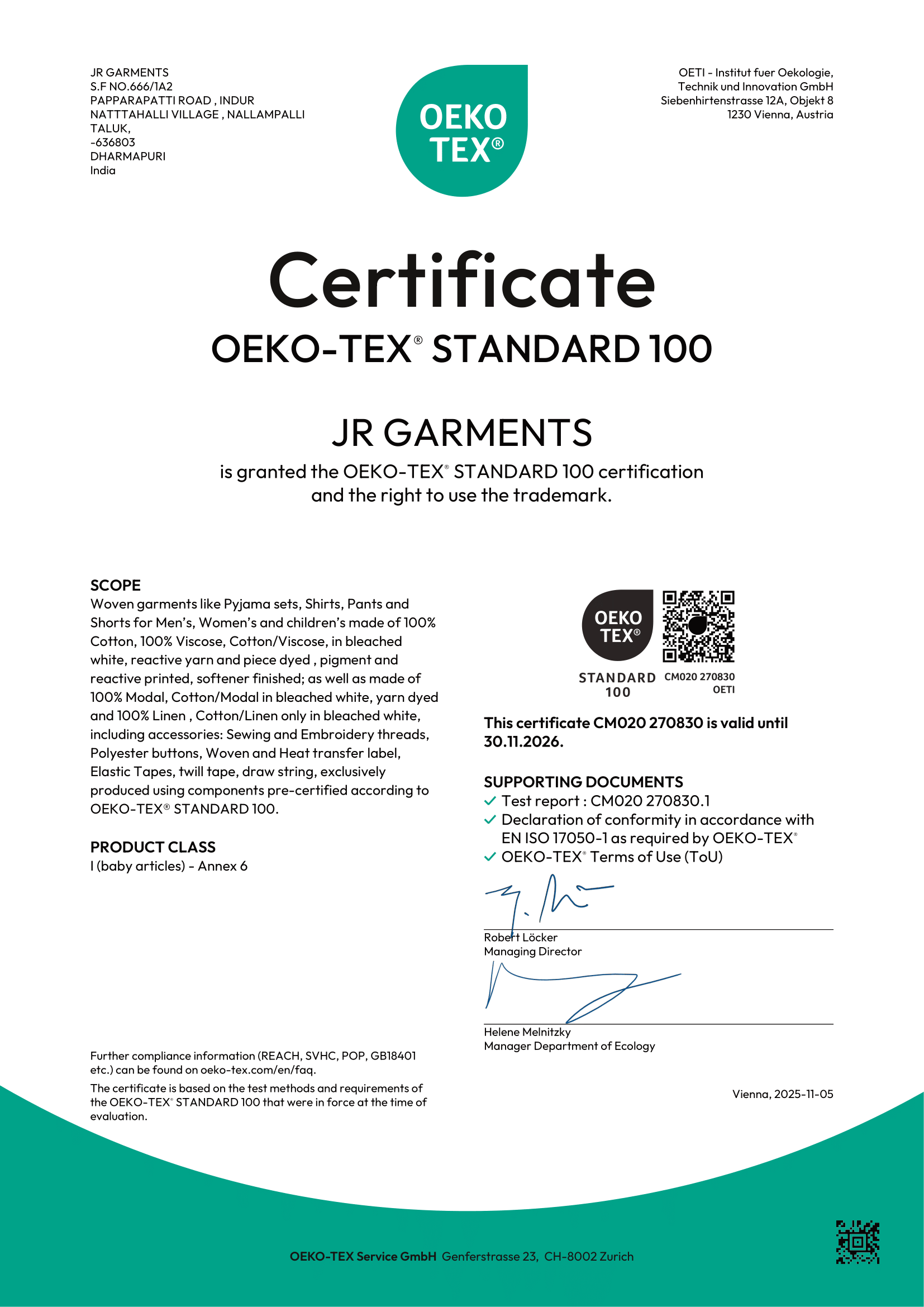 OEKO-TEX Certified document